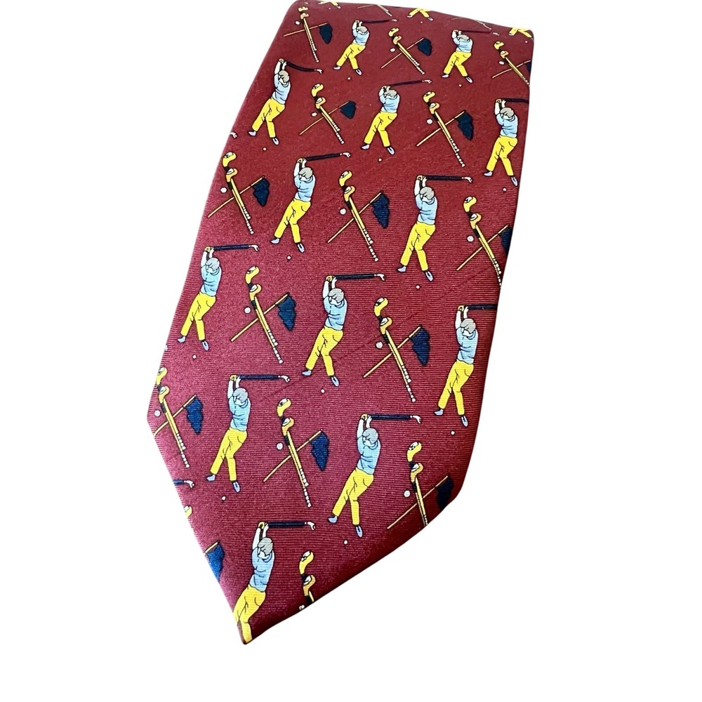 The Glove Shop Roma Italy Mens Silk Tie Burgundy Red Golf Theme‎ Novelty Print